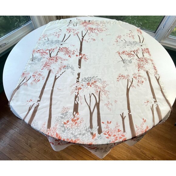 Vintage 70s curtain, red, brown trees, forest pattern, off-white background - Picture 1 of 10
